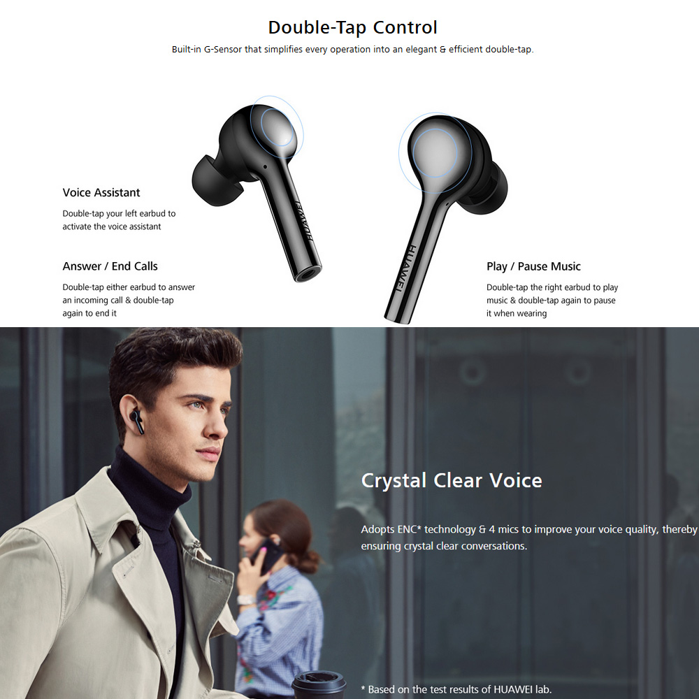 Original HUAWEI FreeBuds Wireless Bluetooth Earphones with Mic Auto Connect Balanced Armatures + Dynamic Drivers Double-Tap Control 10 Hours Playtime