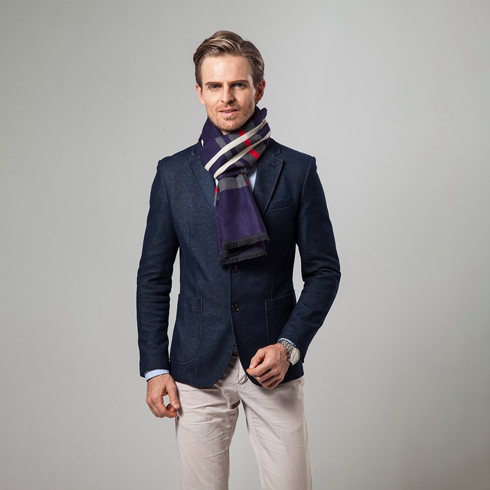 S04 Men Classic Business Imitation Cashmere Striped Plaid Warm Scarf 30x180CM - Navy Blue