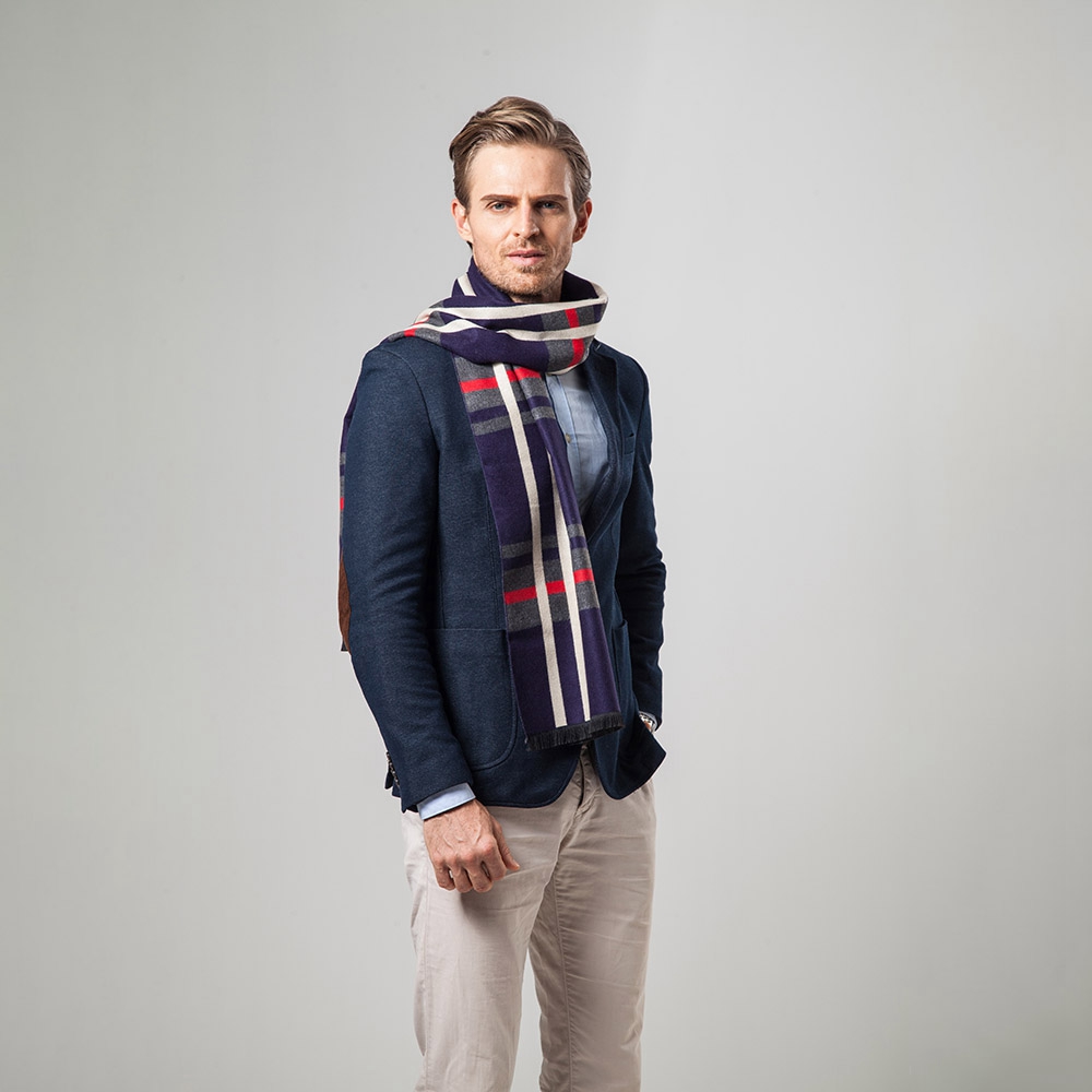 S04 Men Classic Business Imitation Cashmere Striped Plaid Warm Scarf 30x180CM - Navy Blue