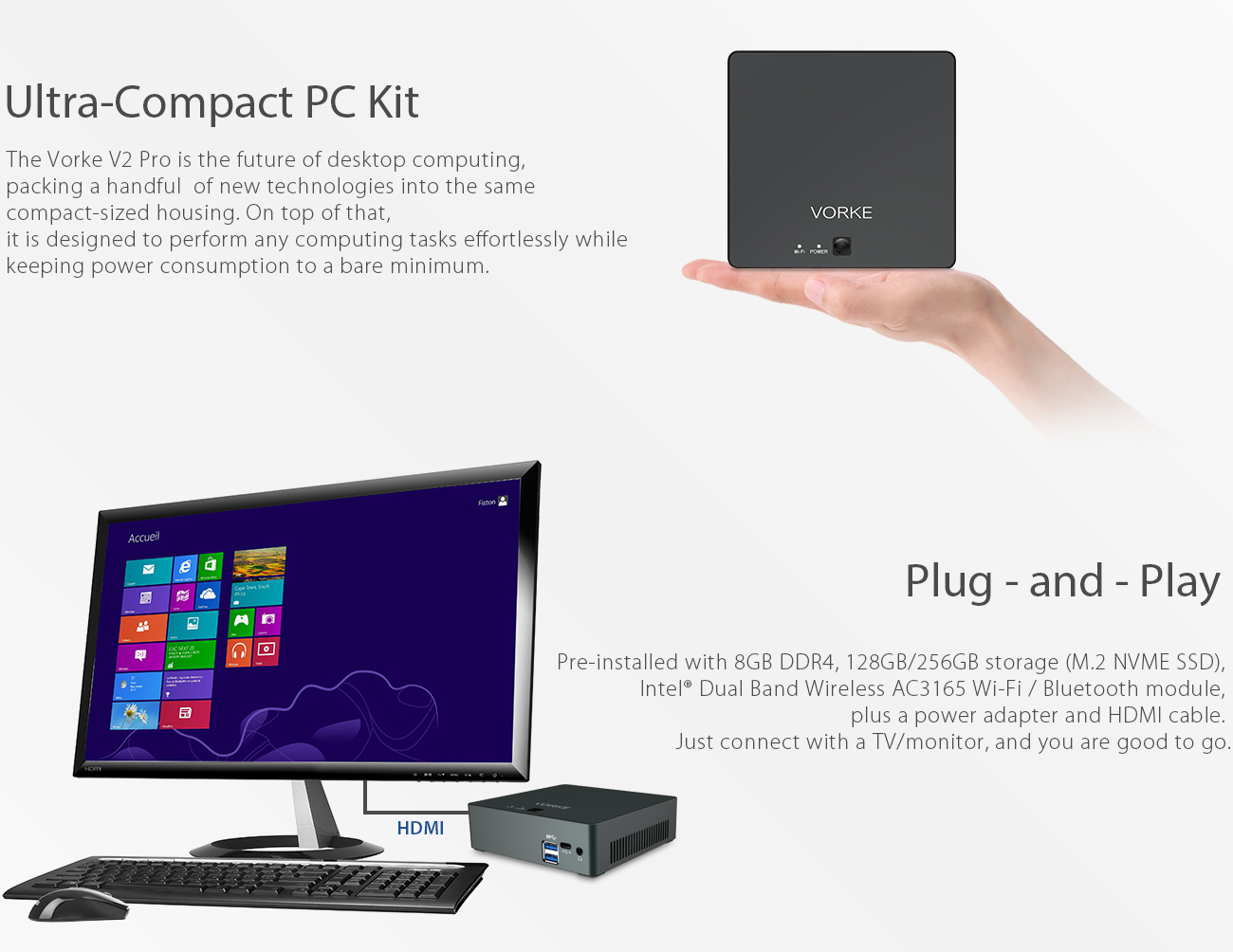 VORKE V2 Pro Intel Kaby Lake R i7-8550U 8GB DDR4 RAM 256GB SSD Ubuntu16.04 Mini PC AC WIFI Gigabit LAN HDMI USB 3.0 TYPE-C Upgradeable to 16GB