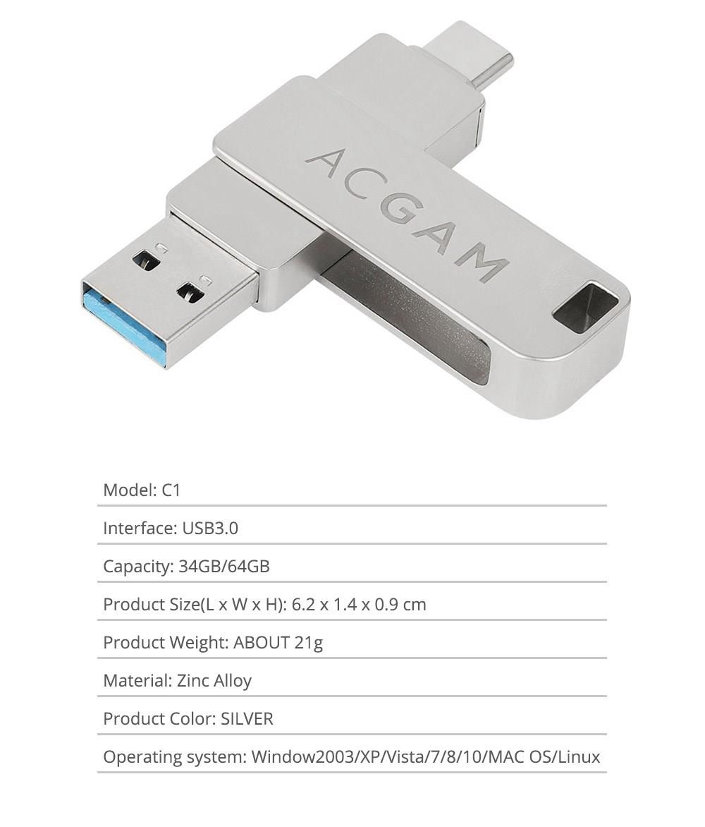 ACGAM C1 32GB USB Flash Drive USB3.0 Type C Key Type Interface Reading Speed 70MB/s - Silver