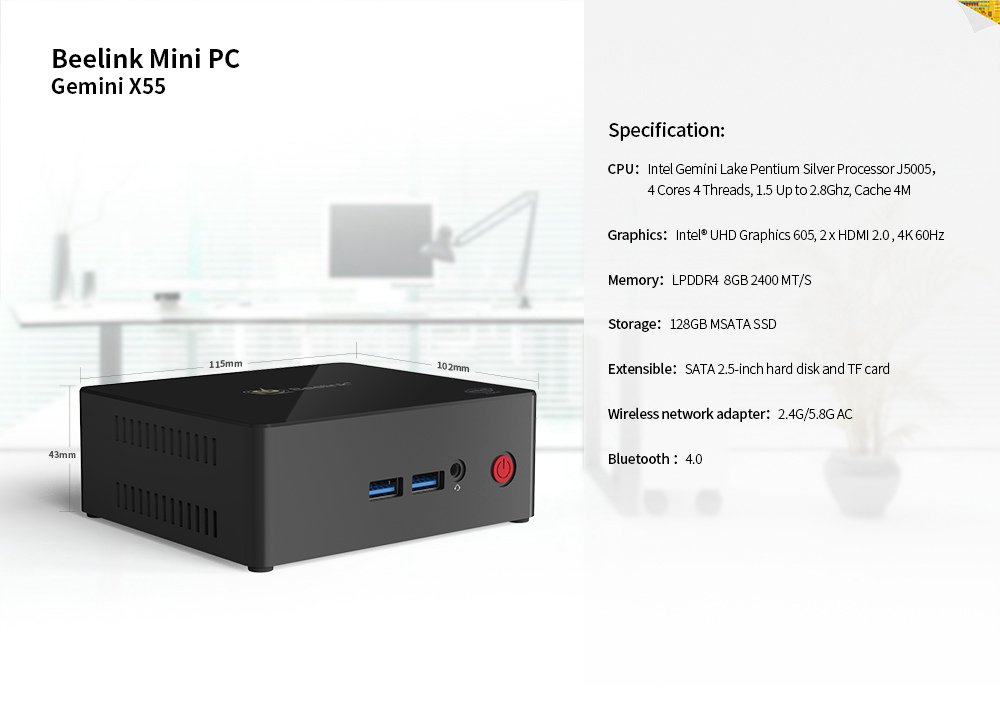 Beelink Gemini X55 Ultimate Licensed Windows 10 Intel Gemini Lake J5005 8GB/128GB Mini PC Intel® UHD Graphics 605 2.4G/5G MIMO WIFI Gigabit LAN HDMI*2 USB3.0*4 mSATA PCIE