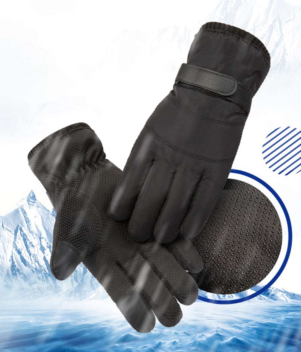 Winter Warm Non-slip Outdoor Velcro Ski Gloves Breathable Waterproof Material - Black