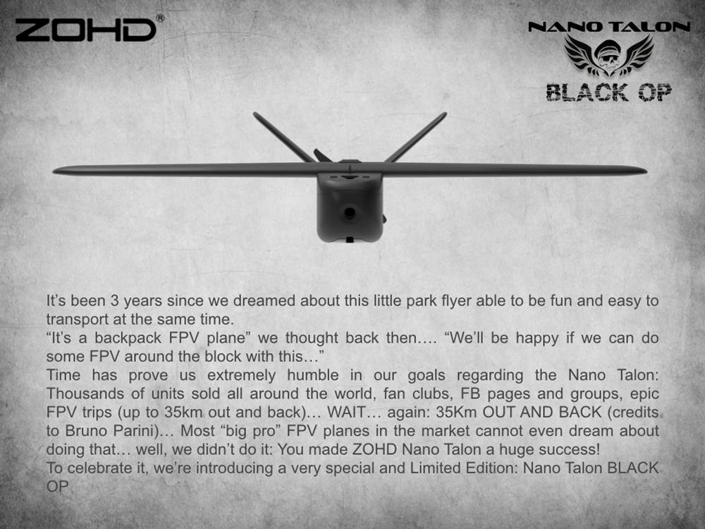 ZOHD Nano Talon Black OP 860mm Wingspan AIO V-Tail EPP Molded FPV Wing RC Airplane PNP With FPV Ready - Black