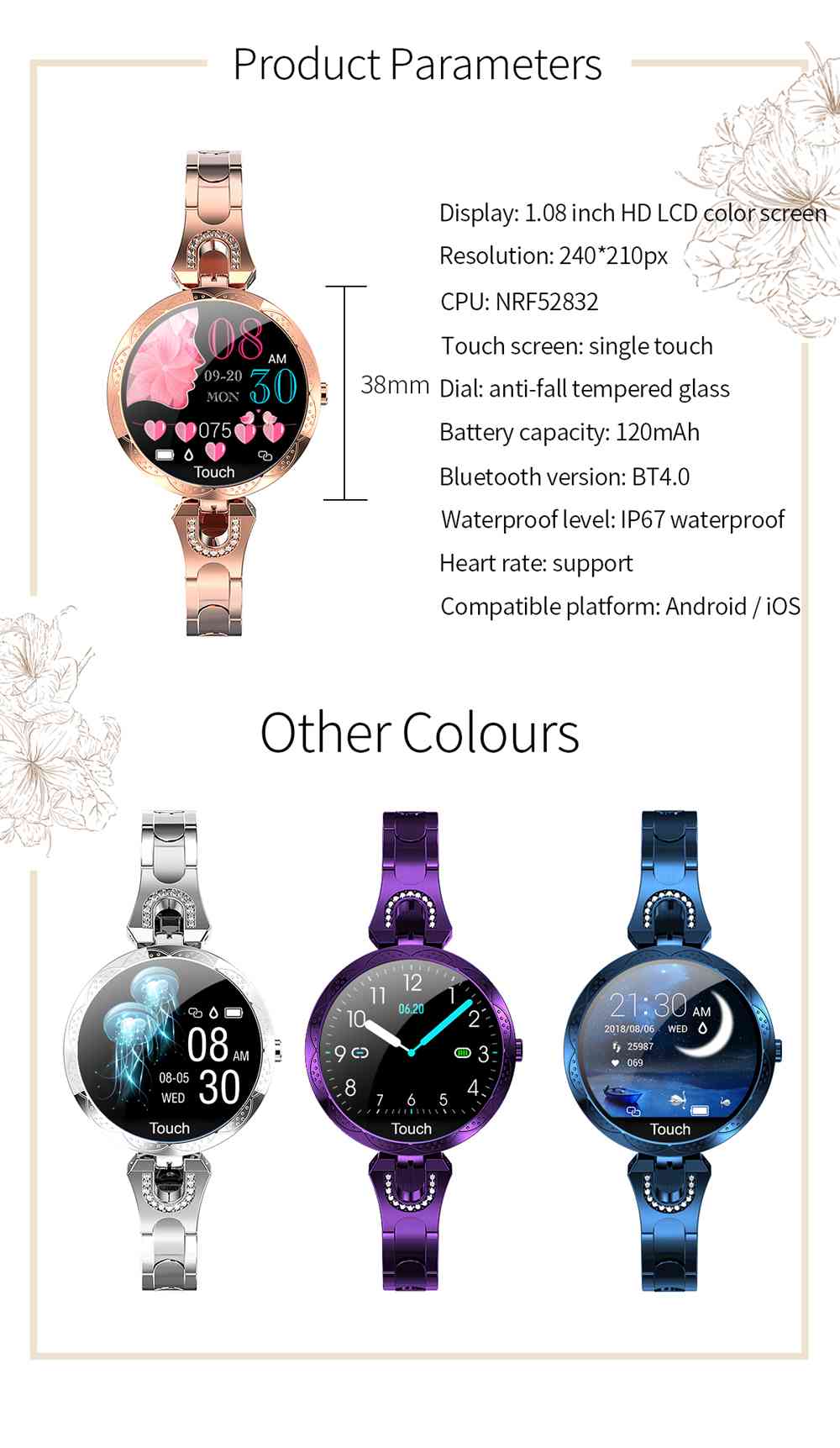 AK15 Women Smart Bracelet 1.08 Inch Color Screen Heart Rate Sleep Monitor IP67 Multiple Sports Modes - Golden