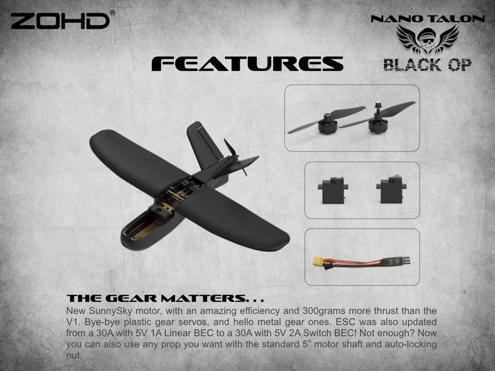 ZOHD Nano Talon Black OP 860mm Wingspan AIO V-Tail EPP Molded FPV Wing RC Airplane PNP With Motor ESC Propeller Hardware