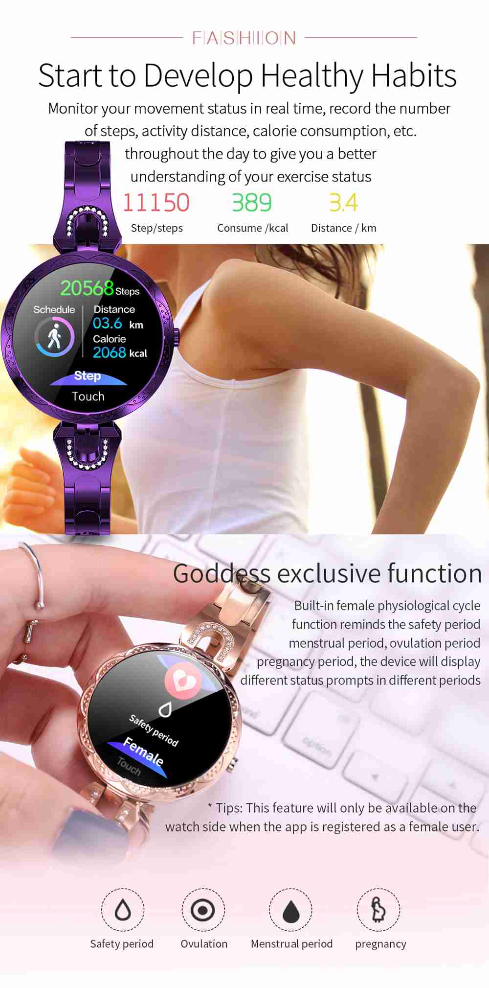 AK15 Women Smart Bracelet 1.08 Inch Color Screen Heart Rate Sleep Monitor IP67 Multiple Sports Modes - Golden