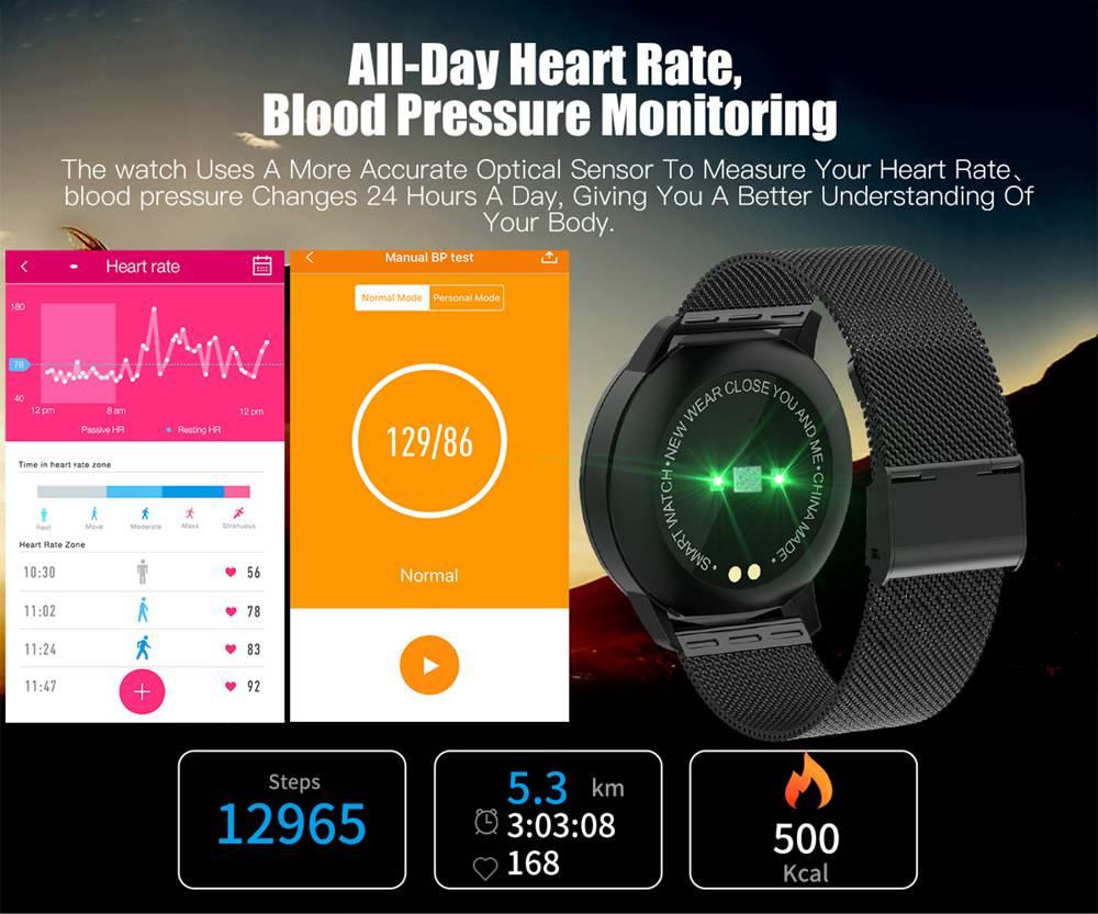 Makibes Q8 Smart Watch 1.0 Inch Round TFT Screen IP67 Heart Rate Blood Pressure Sleep Monitor Fitness Tracker Metal Strap - Black