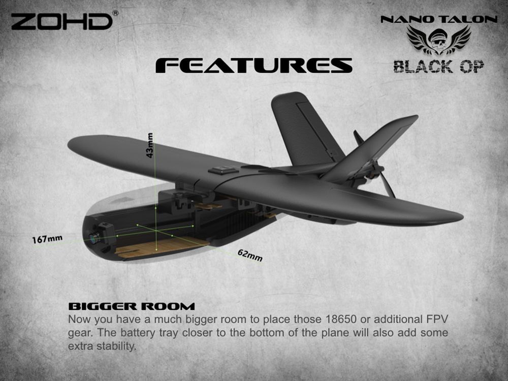 ZOHD Nano Talon Black OP 860mm Wingspan AIO V-Tail EPP Molded FPV Wing RC Airplane PNP With FPV Ready - Black