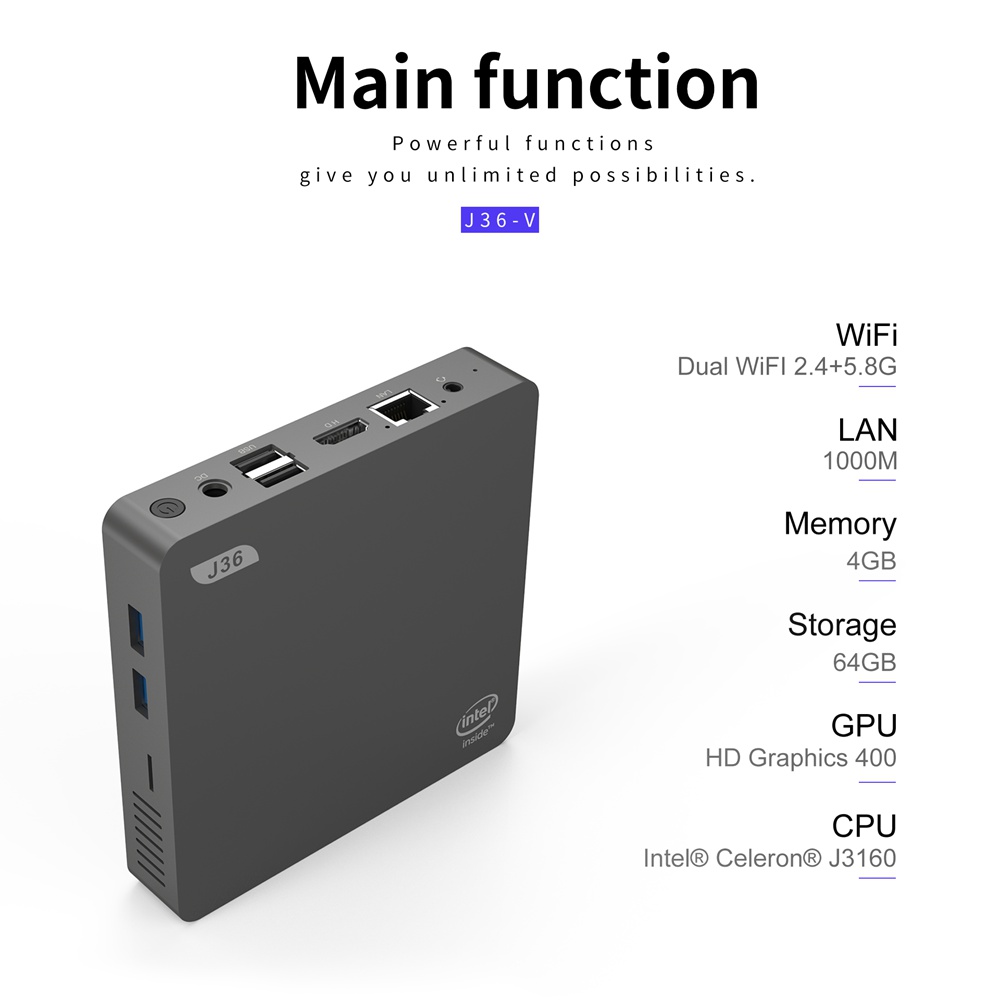 J36-V Intel Celeron J3160 Windows10 SSD SATA Mini PC LPDDR3 4GB 64GB eMMC Bluetooth 2.4G+5G WIFI HDMI+VGA Gigabit LAN