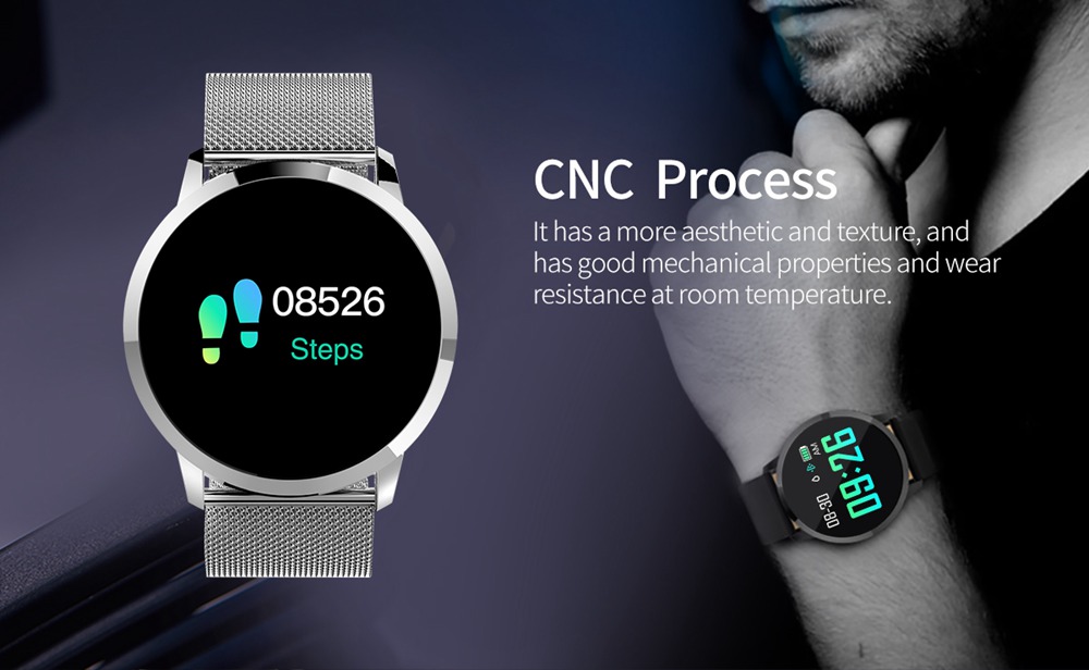 Makibes Q8 Smart Watch 1.0 Inch Round TFT Screen IP67 Heart Rate Blood Pressure Sleep Monitor Fitness Tracker Metal Strap - Black