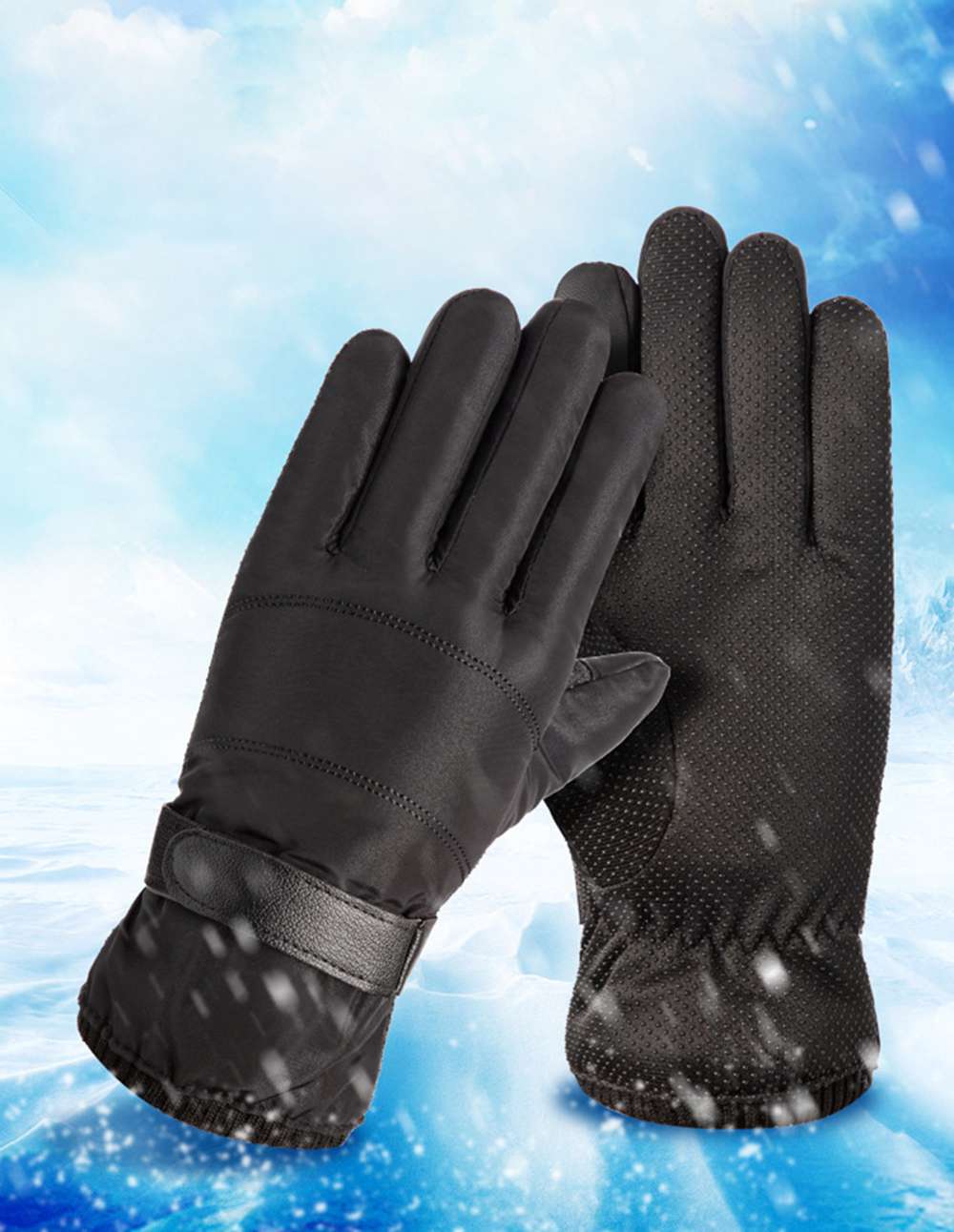 Winter Warm Non-slip Outdoor Velcro Ski Gloves Breathable Waterproof Material - Black