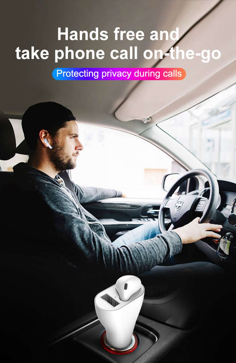 2 in 1 Single Bluetooth earphone and Car Charger Handsfree Call 3.1A USB Fast Charger Port