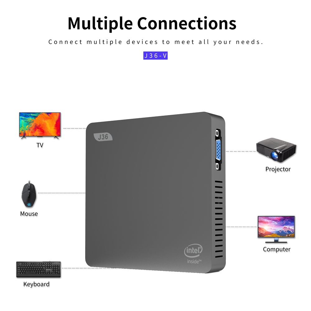 J36-V Intel Celeron J3160 Windows10 SSD SATA Mini PC LPDDR3 4GB 64GB eMMC Bluetooth 2.4G+5G WIFI HDMI+VGA Gigabit LAN