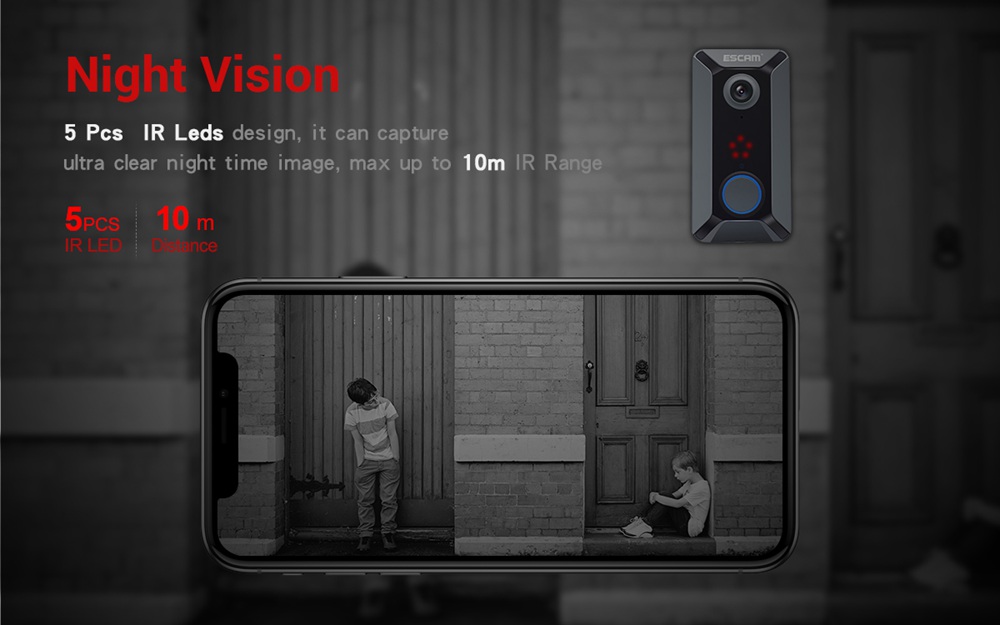 ESCAM V6 Network Smart Doorbell Security Monitoring Cloud Storage HD Camera Only Include Battery - Black