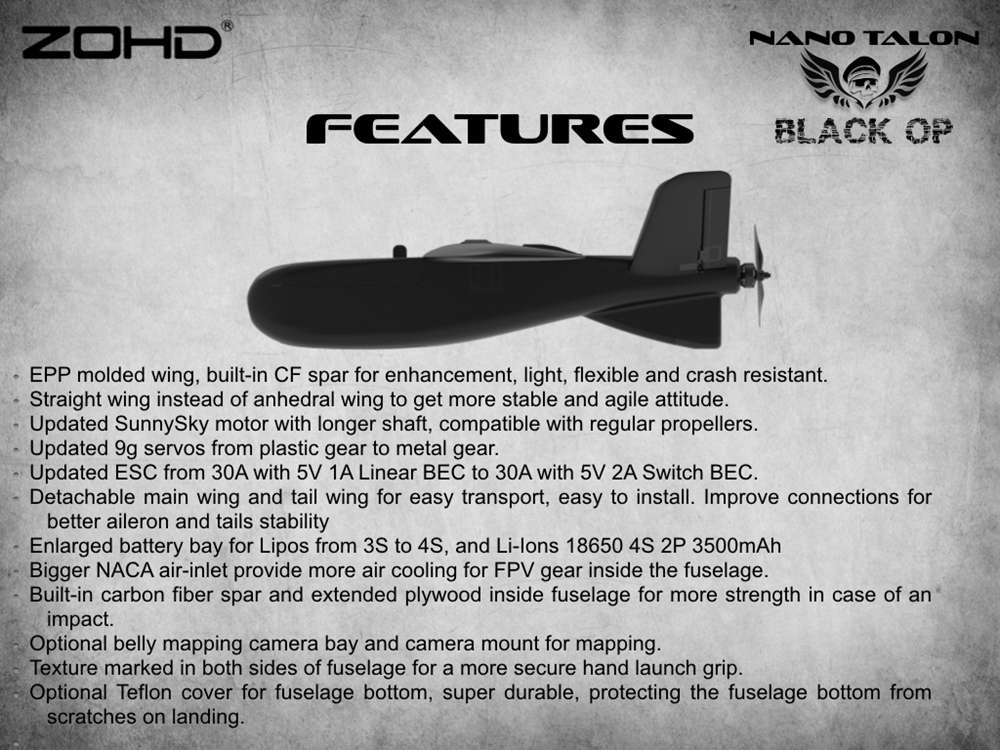 ZOHD Nano Talon Black OP 860mm Wingspan AIO V-Tail EPP Molded FPV Wing RC Airplane PNP With Motor ESC Propeller Hardware