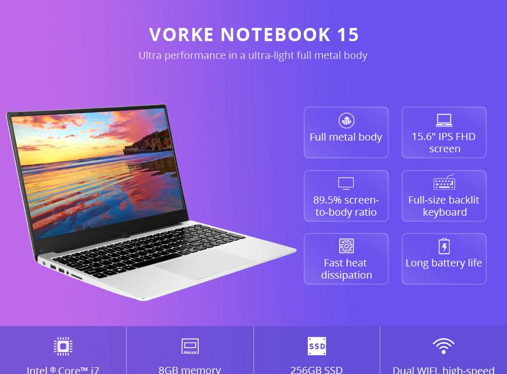 VORKE Notebook 15 4G Laptop Intel Core i7-4500U 15.6'' Screen 1920*1080 Windows 10 8GB DDR3 256GB SSD - Silver