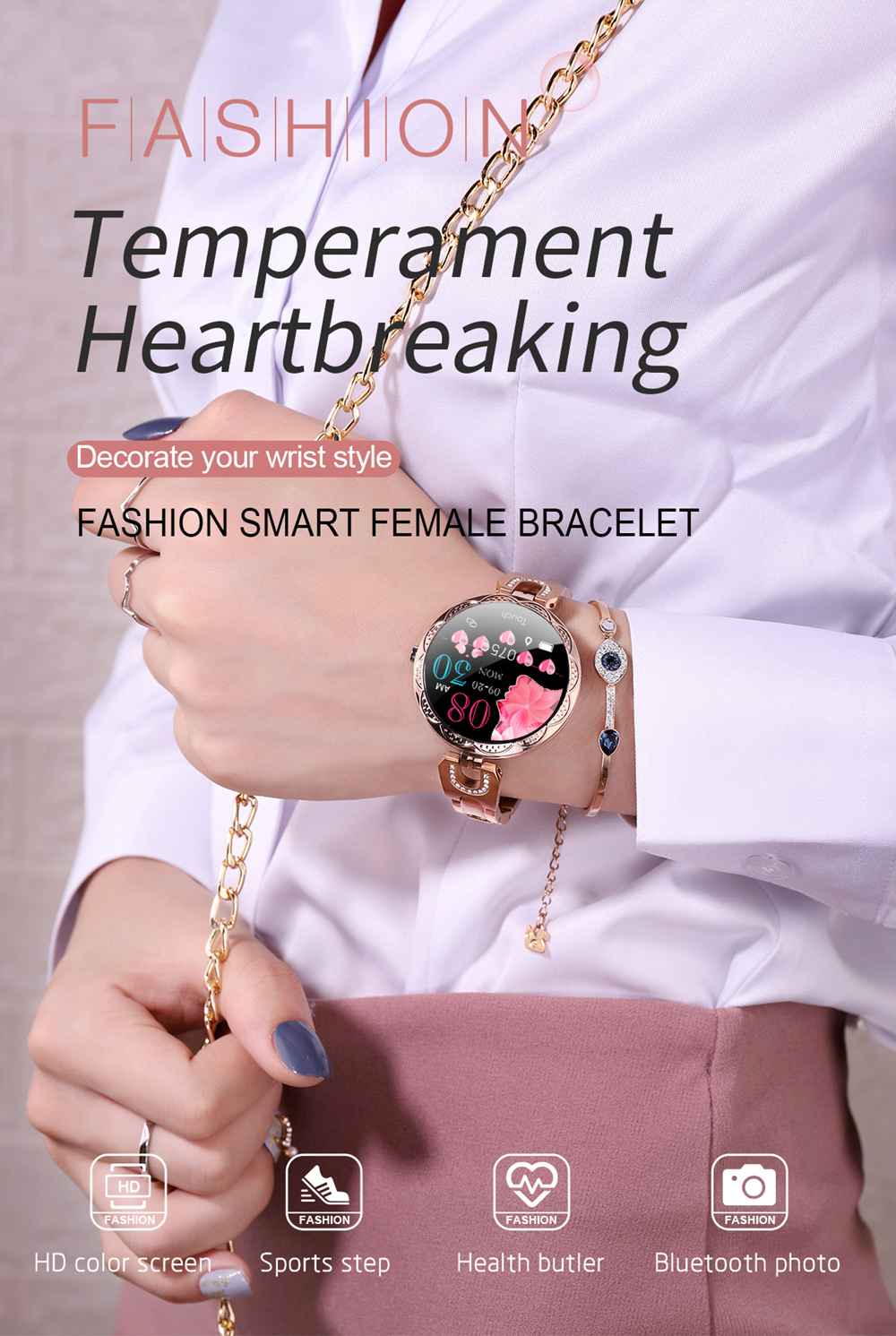 AK15 Women Smart Bracelet 1.08 Inch Color Screen Heart Rate Sleep Monitor IP67 Multiple Sports Modes - Golden