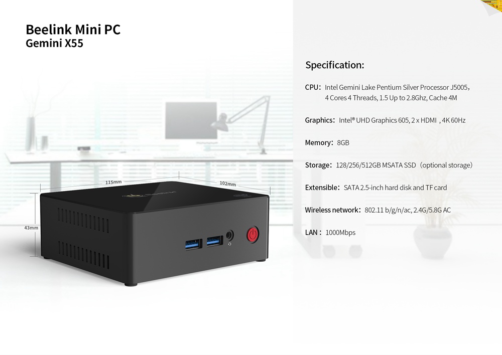 Beelink Gemini X55 Ultimate Intel Gemini Lake J5005 2.8Ghz 8GB/256GB Licensed Windows 10 Mini PC Intel® UHD Graphics 605 2.4G/5G MIMO WIFI Gigabit LAN HDMI*2 USB3.0*4 mSATA PCIE