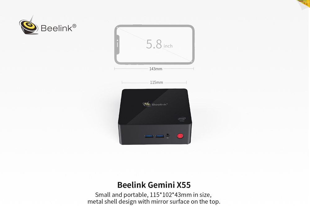 Beelink Gemini X55 Ultimate Intel Gemini Lake J5005 2.8Ghz 8GB/256GB Licensed Windows 10 Mini PC Intel® UHD Graphics 605 2.4G/5G MIMO WIFI Gigabit LAN HDMI*2 USB3.0*4 mSATA PCIE