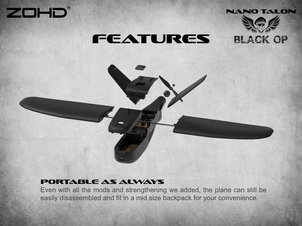 ZOHD Nano Talon Black OP 860mm Wingspan AIO V-Tail EPP Molded FPV Wing RC Airplane PNP With FPV Ready - Black