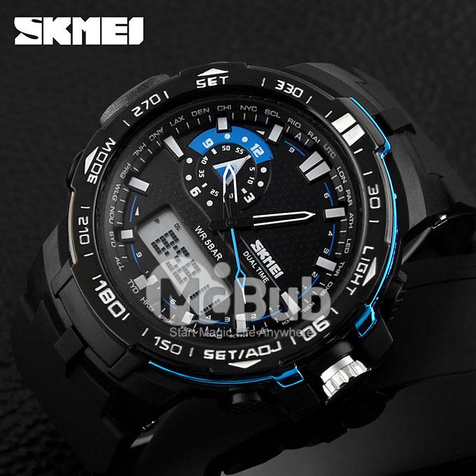 SKMEI 1081 Waterproof Outdoor Sports Digital & Analog Watches Men LED Electronic Oversized Dial Quartz Watch - Blue