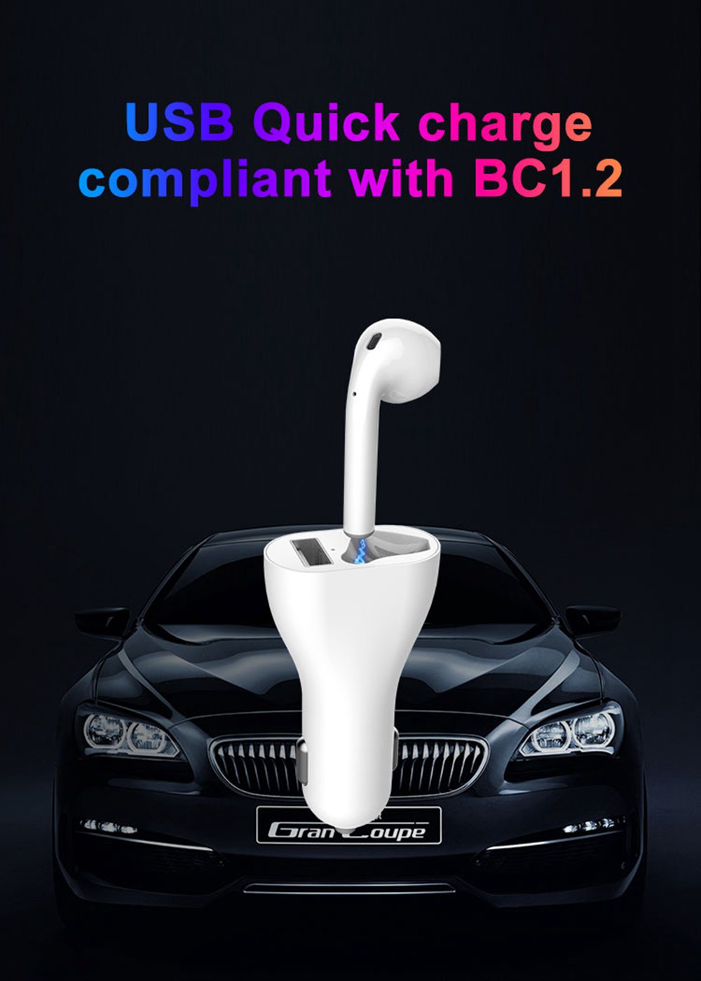 2 in 1 Single Bluetooth earphone and Car Charger Handsfree Call 3.1A USB Fast Charger Port