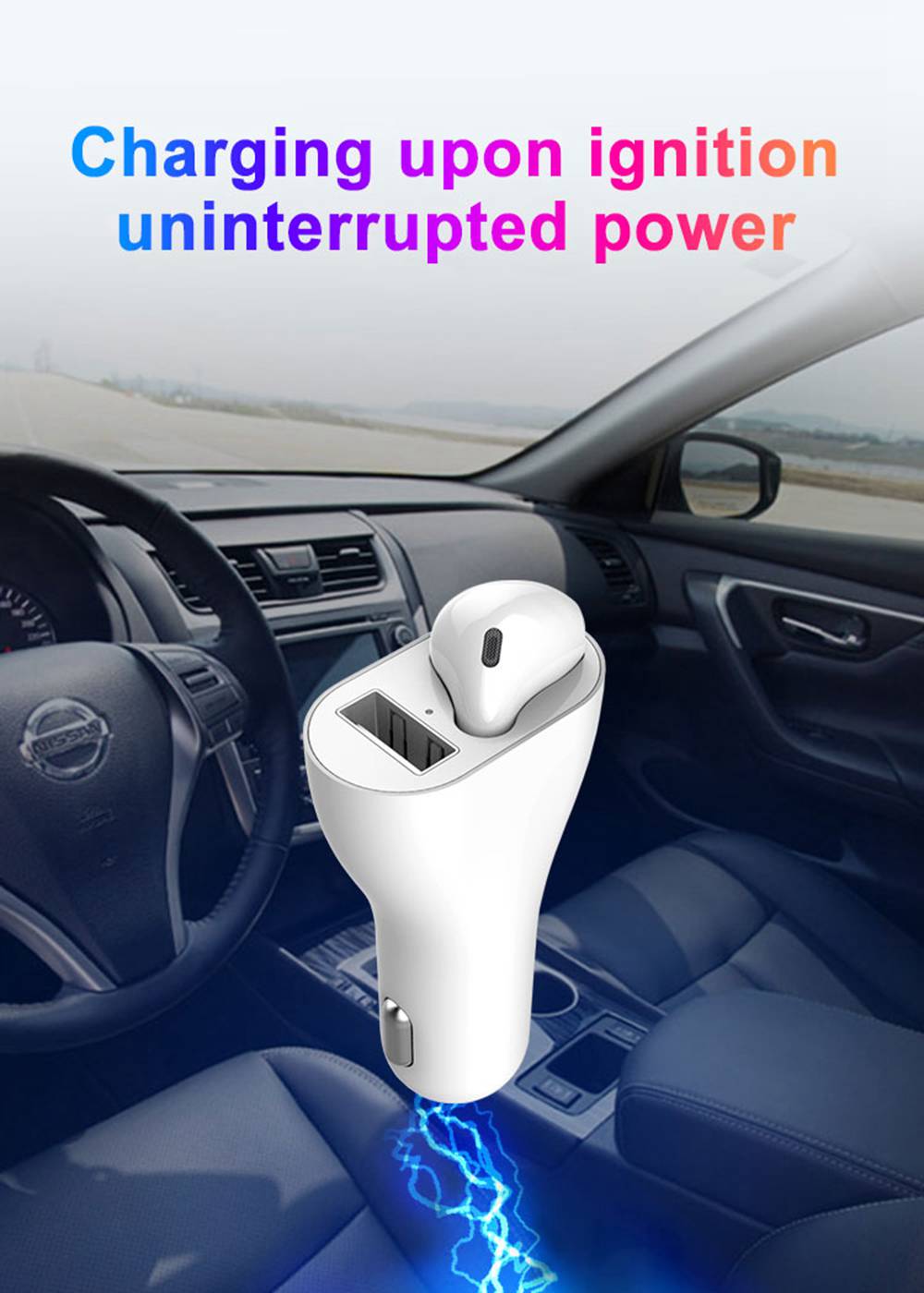 2 in 1 Single Bluetooth earphone and Car Charger Handsfree Call 3.1A USB Fast Charger Port