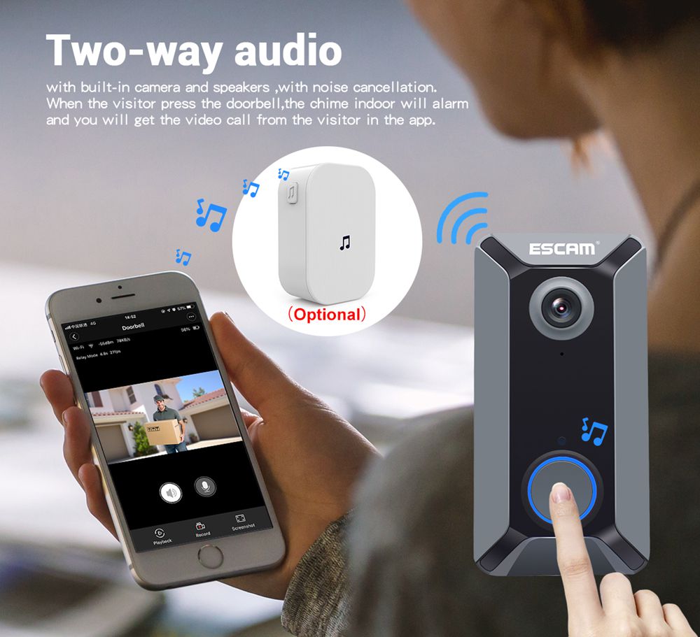 ESCAM V6 Network Smart Doorbell Security Monitoring Cloud Storage HD Camera Only Include Battery - Black