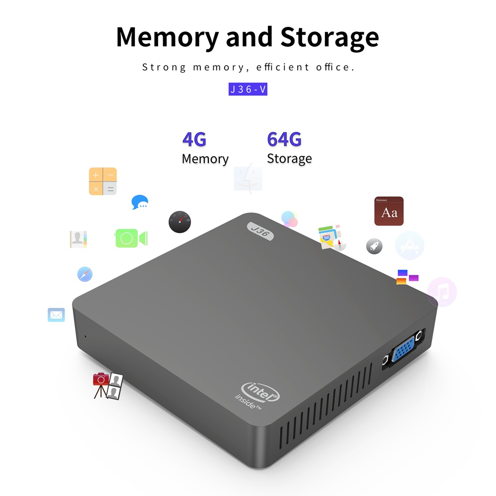 J36-V Intel Celeron J3160 Windows10 SSD SATA Mini PC LPDDR3 4GB 64GB eMMC Bluetooth 2.4G+5G WIFI HDMI+VGA Gigabit LAN
