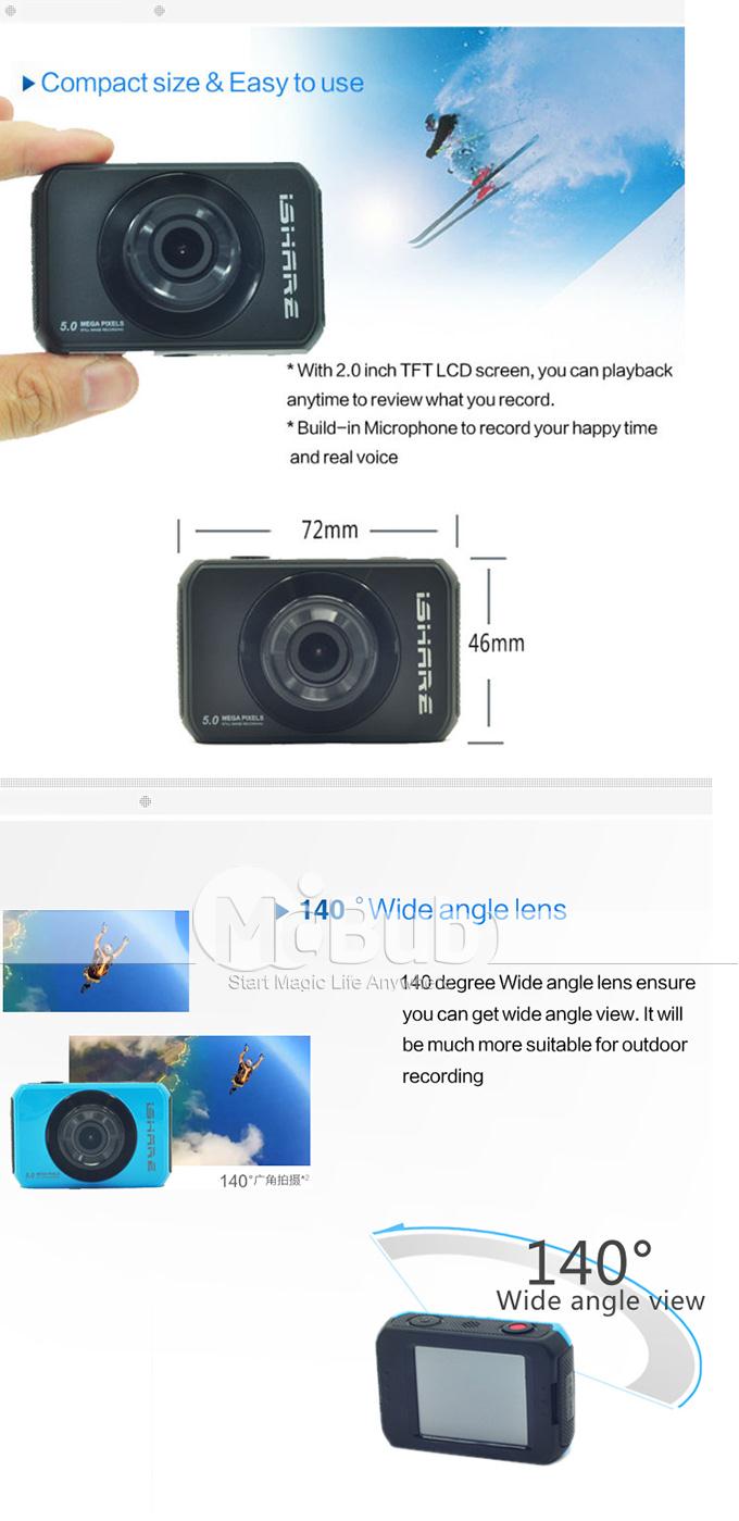 iShare S200 5.0MP Sports Camera 1080P 30FPS Full HD DVR DV 15M Waterproof Outdoor Camcorder 2.0 inch Touch LCD Screen 140 degrees wide angle (Black)