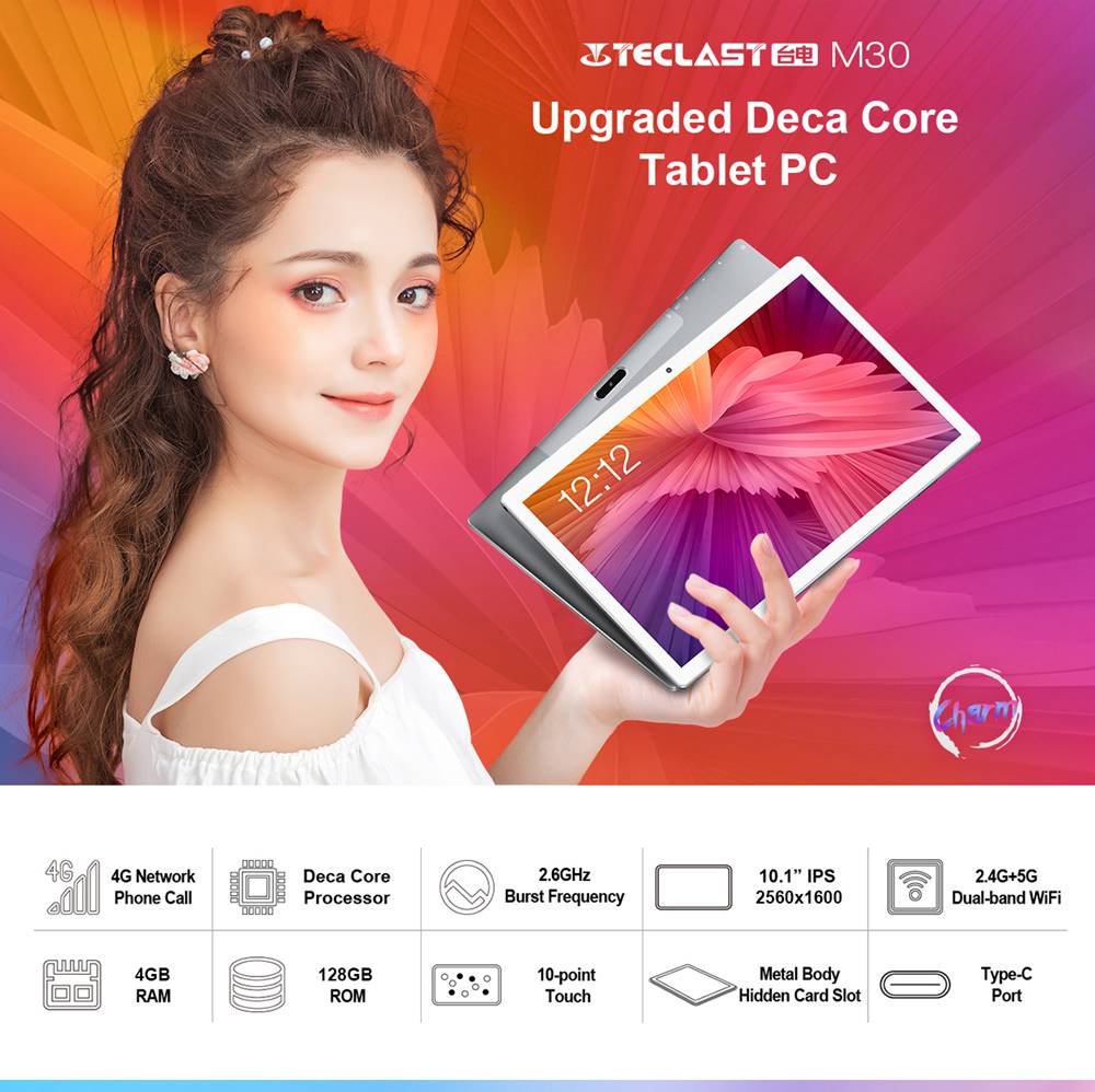 TECLAST M30 4G Tablet MT6797X Deca Core 2.6GHz 10.1 " 2560*1600 Android 8.0 4GB RAM 128GB ROM US Plug - Gray