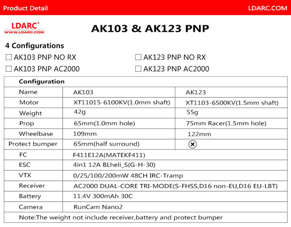 LDARC AK123 3S Toothpick FPV Racing Drone 122mm Wheelbase F411 12A BLheli_S 200mW VTX Runcam Nano2 Cam PNP - AC2000 Receiver