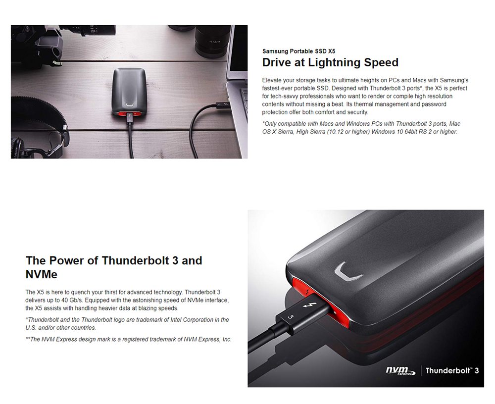 Samsung X5 MU-PB1T0B/WW External SSD 2TB Thunderbolt 3 Interface Max Speed 2800 MB/s Solid State Drive - Black