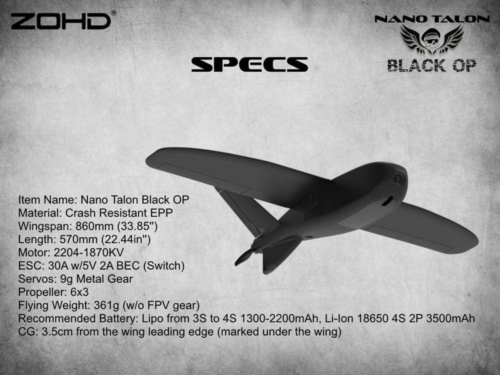 ZOHD Nano Talon Black OP 860mm Wingspan AIO V-Tail EPP Molded FPV Wing RC Airplane PNP With FPV Ready - Black