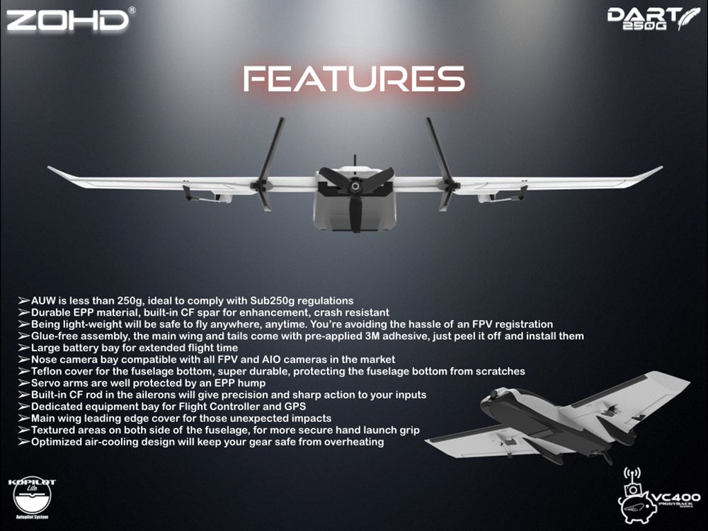ZOHD Dart250G 570mm Wingspan Sub-250 Grams Sweep Forward Wing AIO EPP FPV RC Airplane With Power System Parts - PNP Version
