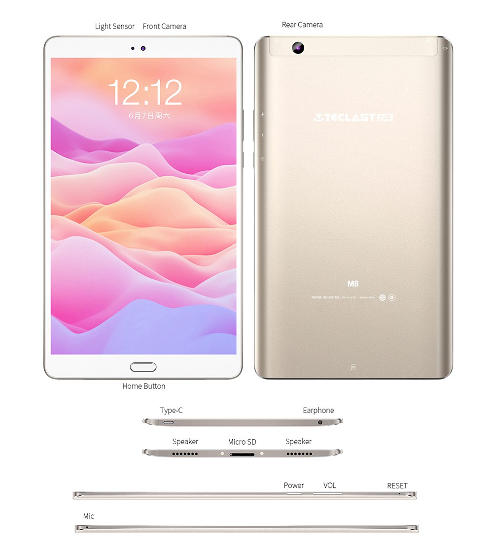 Teclast M8 Tablet PC Allwinner A63 Quad-Core 1.8GHz 8.4" 2.5K Screen 2560*1600 Android 7.1 3GB RAM 32GB ROM - Gold