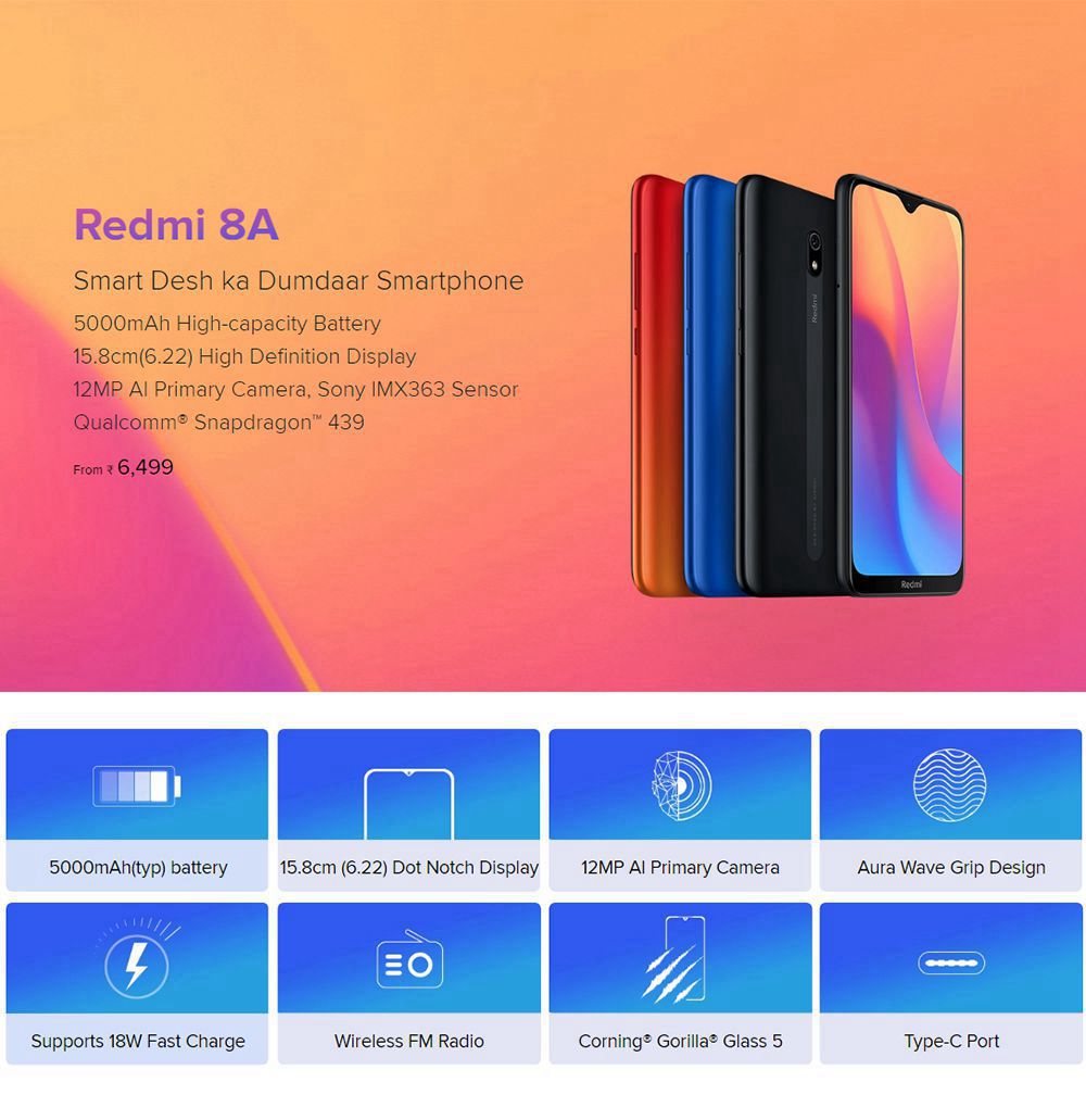 Xiaomi Redmi 8A 6.22 Inch 4G LTE Smartphone Snapdragon 439 2GB 32GB 12.0MP+8.0MP Dual Cameras Fingerprint ID Dual SIM MIUI 10 Global Version - Black