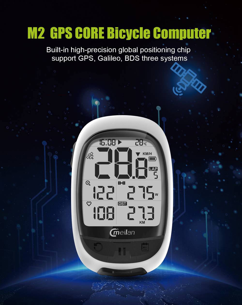 Meilan M2 GPS Bike Computer Waterproof Speedometer Odometer 2.2 Inch FSTN Display Screen - White