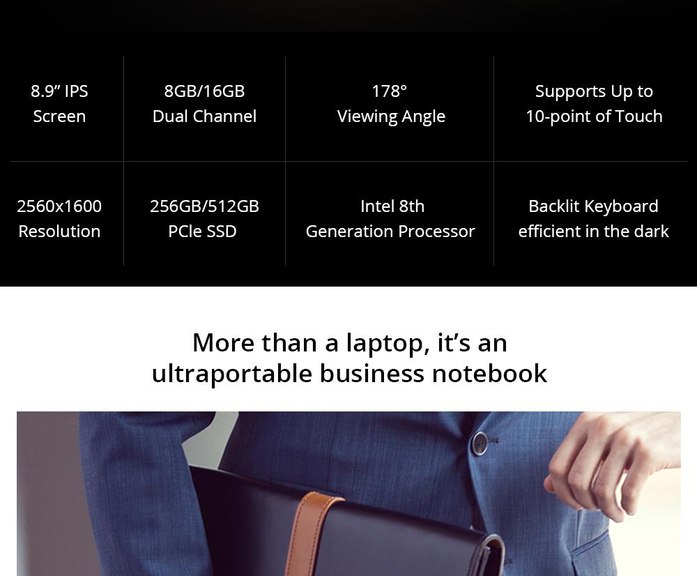 Magic-Ben MAG1 Pocket Laptop 8.9" IPS Touchscreen 2560*1600 Intel Core m3-8100y 16GB Memory 512GB SSD Full metal Slim body Ultra Light Backlit Keyboard Fingerprint Window 10 - Black