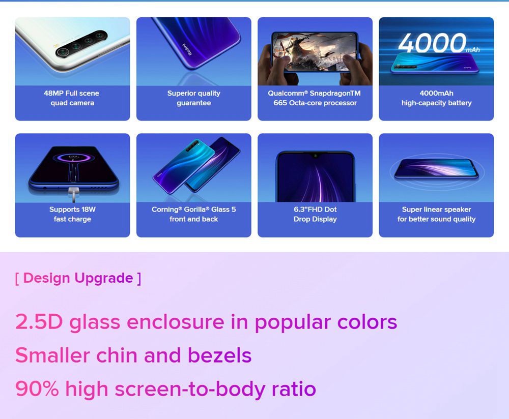 Xiaomi Redmi Note 8 6.3 Inch 4G LTE Smartphone Snapdragon 665 4GB 64GB 48.0MP+8.0MP+2.0MP+2.0MP Quad Rear Cameras Fingerprint ID Dual SIM Android 9.0 Global Version - White