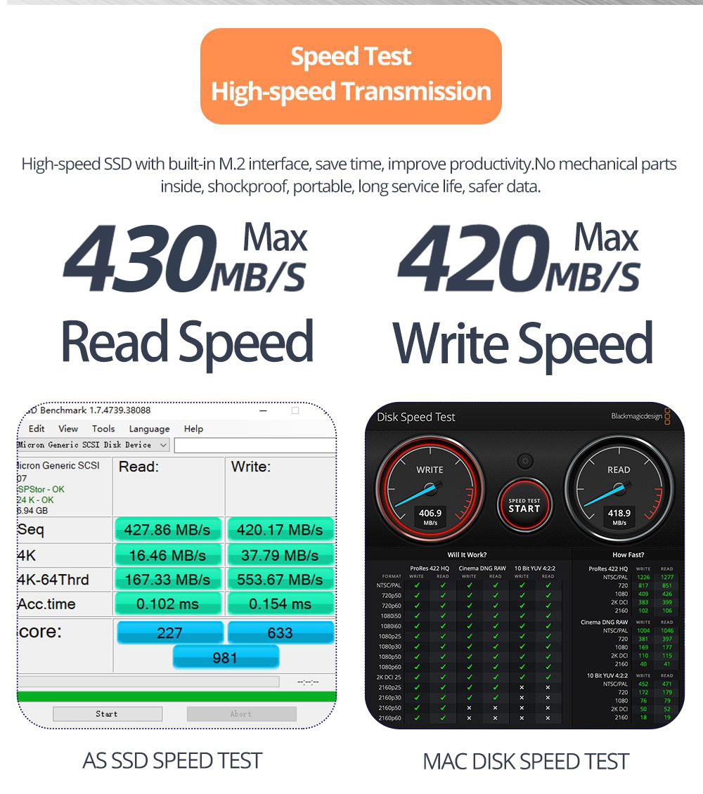 Coolfish M1 NGFF 1TB SSD Portable External Solid State Drive Max Read Speed 430MB/S M.2 Interface - Silver