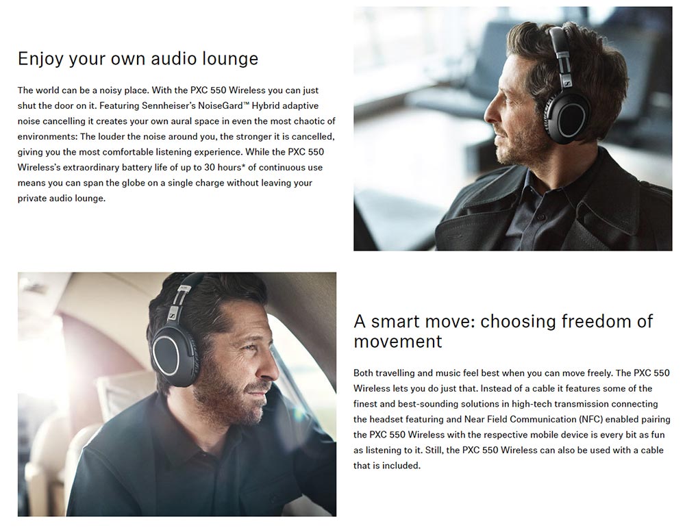 Sennheiser PXC 550 Wireless Headphone Bluetooth/NFC Connection NoiseGard Adaptive Touch Sensitive Control 30 Hours Playtime