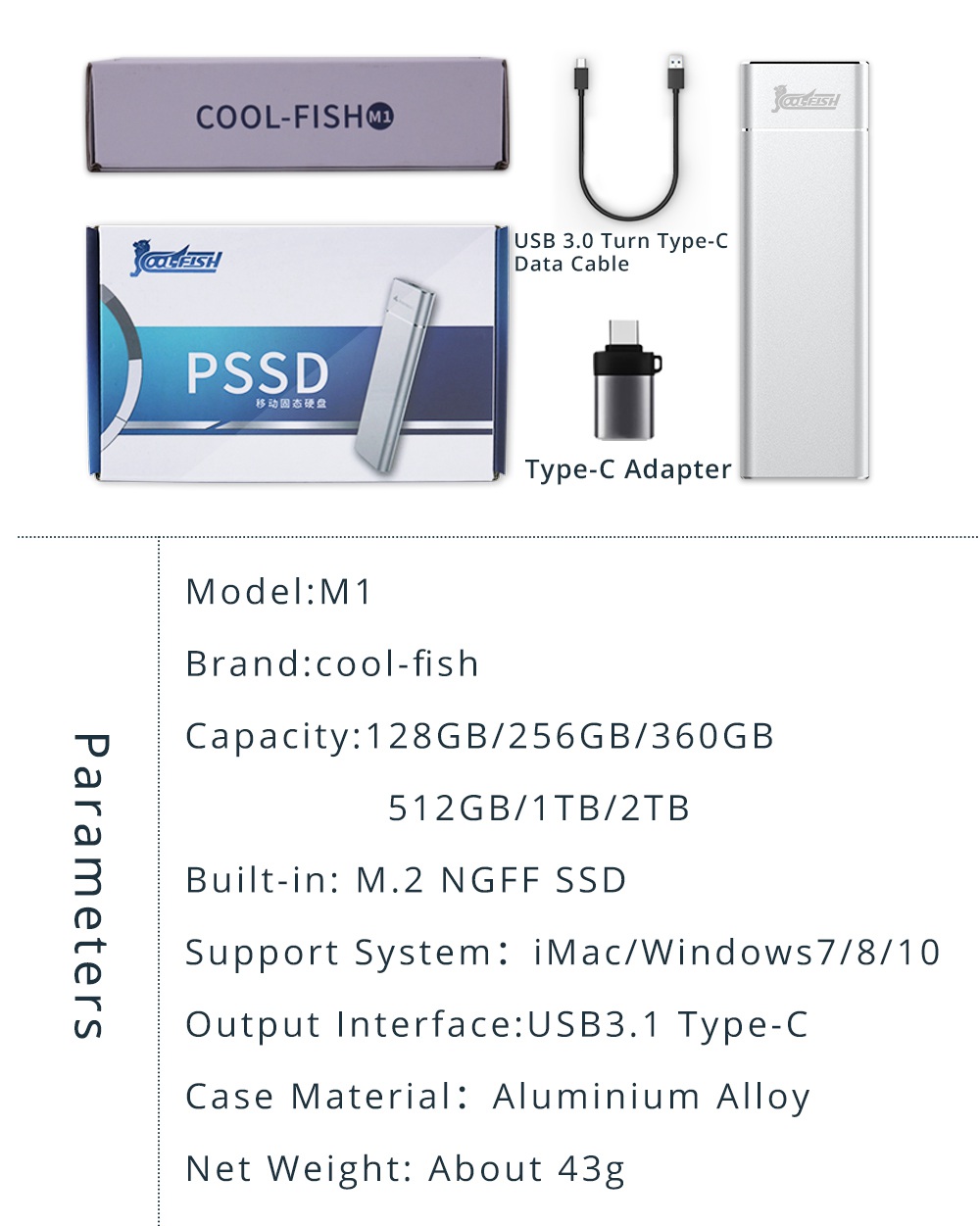 Coolfish M1 NGFF 1TB SSD Portable External Solid State Drive Max Read Speed 430MB/S M.2 Interface - Silver