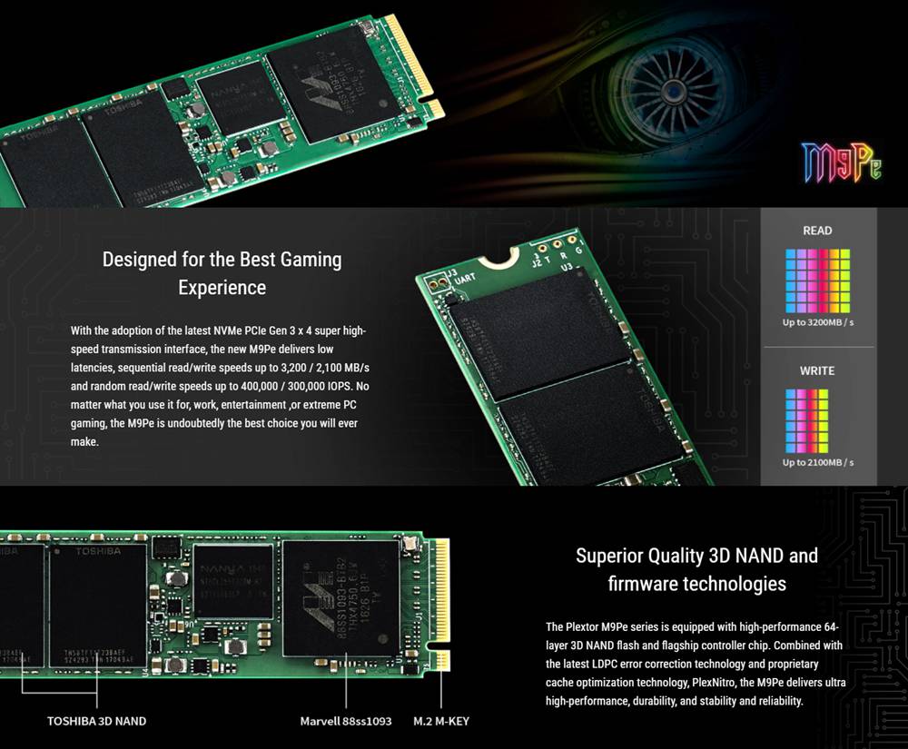 Plextor M9PeG (PX-1TM) Internal SSD 1TB M.2 Interface Reading Speed 3200 MB/s Solid State Drive - Black