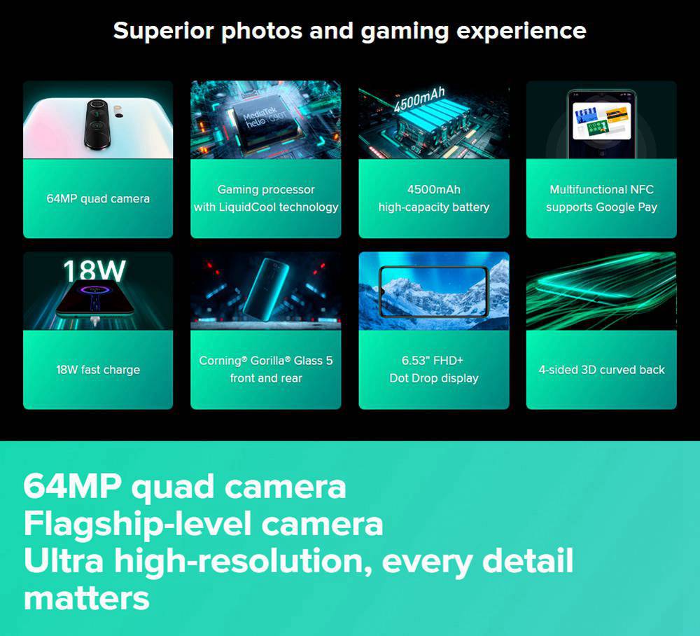 Xiaomi Redmi Note 8 Pro 6.53 Inch 4G LTE Smartphone MTK Helio G90T 6GB 128GB 64.0MP+8.0MP+2.0MP+2.0MP Quad Rear Cameras MIUI 10 Type-C Fingerprint ID Global Version - Grey