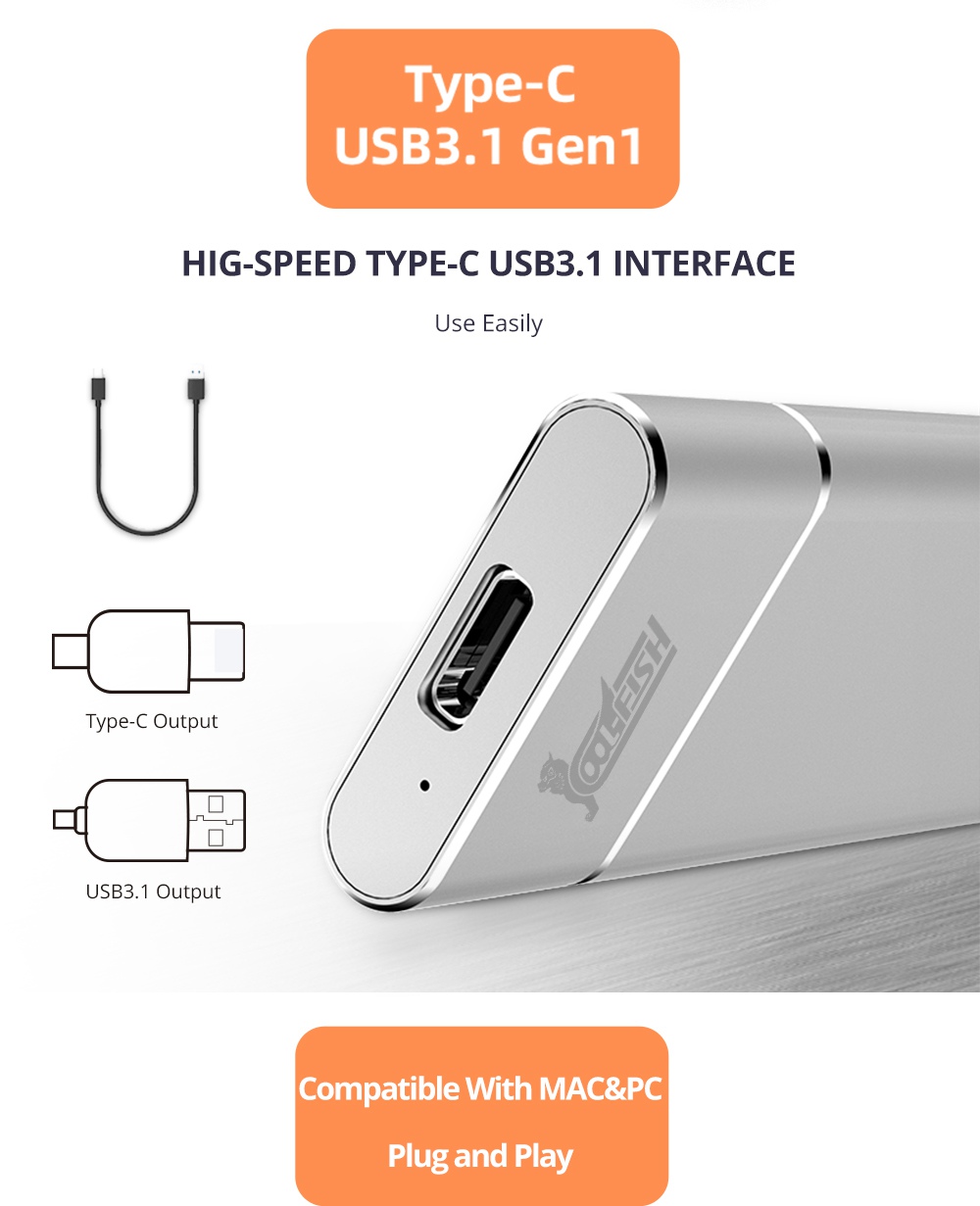 Coolfish M1 NGFF 1TB SSD Portable External Solid State Drive Max Read Speed 430MB/S M.2 Interface - Silver