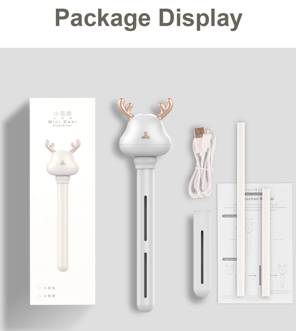 Mini USB Portable Deer Cool Mist Humidifier For Travel Car Home Hotel Office -White