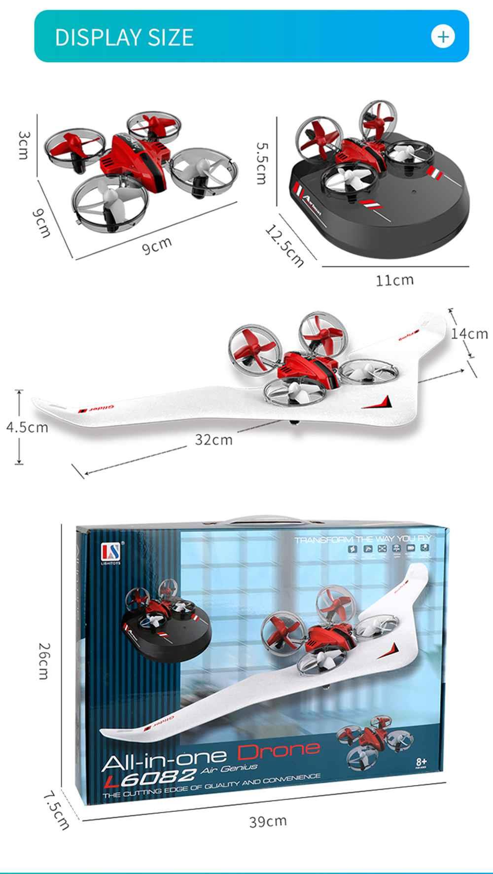 L6082 Air Genius RC Quadcopter Airplane Tiny Whoover All-In-One DIY 2.4G RC Drone For Kids Gift RTF Red - One Battery Version