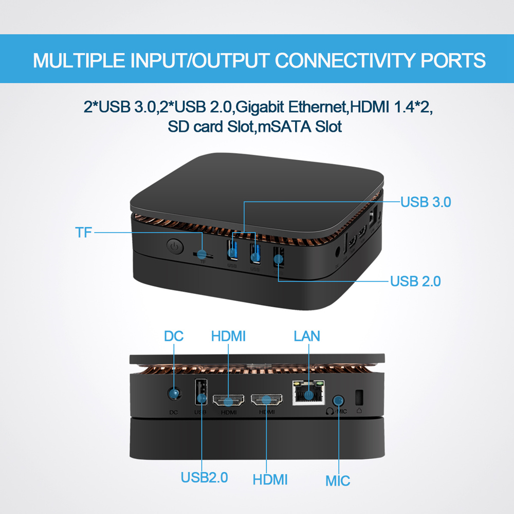 ACEPC AK1H Licensed Windows 10 Intel Celeron J3455 6GB/64GB Mini PC SATA 3.0 USB3.0*2 HDMI*2 Type-C Dual Band WiFi Gigabit LAN Bluetooth 2.5 inch HDD Bay